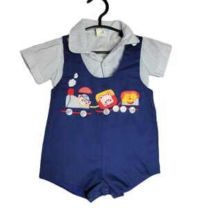 Vintage Boys 12 Months Blue Train Embroidered Shortall Romper Shirt Set